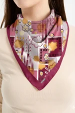 Bordo Geometrik Çiçek Desenli Bandana Fular - Görsel 2
