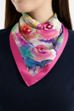 Sulu Boya Gül Desenli Bandana Fular - Görsel 2