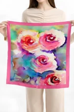 Sulu Boya Gül Desenli Bandana Fular - Görsel 3